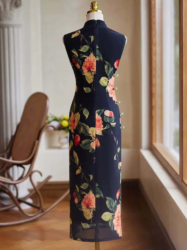 Style Chinois Vintage / Originale Noire Impression Cheongsam 2024 Trompette / Sirène Col Haut Sans Manches Thé Longueur