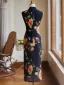 Style Chinois Vintage / Originale Noire Impression Cheongsam 2024 Trompette / Sirène Col Haut Sans Manches Thé Longueur