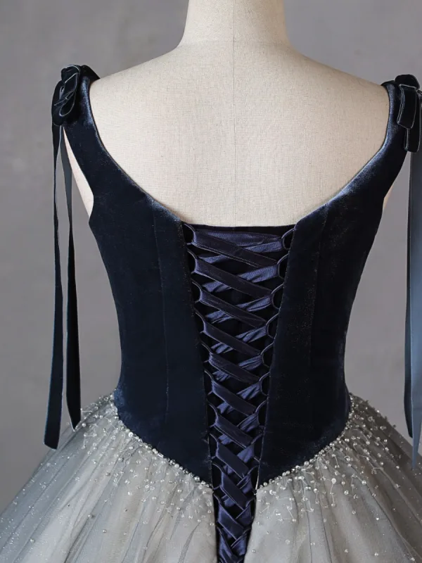 Chic / Beautiful Navy Blue Beading Prom Dresses 2023 Ball Gown V-Neck Sleeveless Backless Floor-Length / Long Prom Formal Dresses