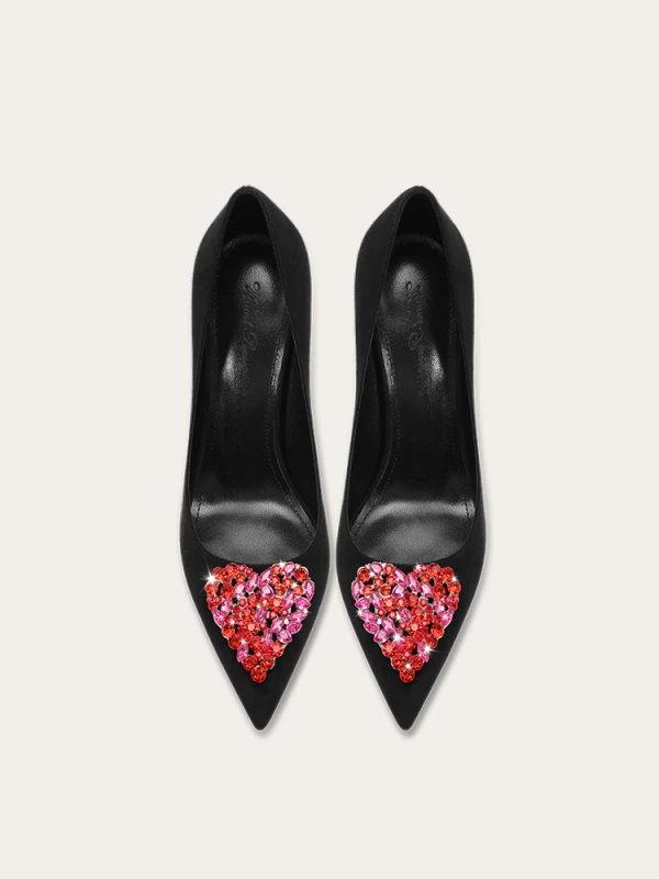 Mode Noire Forme de coeur Faux Diamant Promo Escarpins 2024 Cuir 10 cm Talons Aiguilles À Bout Pointu Escarpins