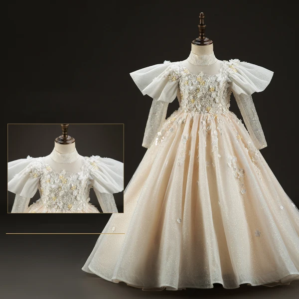 Luxury / Gorgeous Champagne Beading Pearl Lace Flower Appliques Birthday Flower Girl Dresses 2022 Ball Gown High Neck Puffy Short Sleeve Backless Floor-Length / Long Flower Girl Dresses