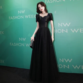 Simple Noire Paillettes Robe De Soirée 2023 Princesse Encolure Carrée Manches Courtes Dos Nu Longue Soirée Robe De Ceremonie