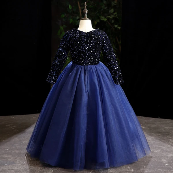 Vintage / Retro Navy Blue Sequins Flower Girl Dresses 2022 Ball Gown V-Neck Long Sleeve Floor-Length / Long Prom Flower Girl Dresses