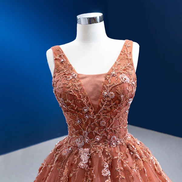 High End Orange Perlenstickerei Pailletten Ballkleider 2022 Ballkleid V-Ausschnitt Ärmellos Rückenfreies Sweep / Pinsel Zug Ball Festliche Kleider