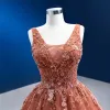 High-end Orange Beading Sequins Prom Dresses 2022 Ball Gown V-Neck Sleeveless Backless Sweep Train Prom Formal Dresses