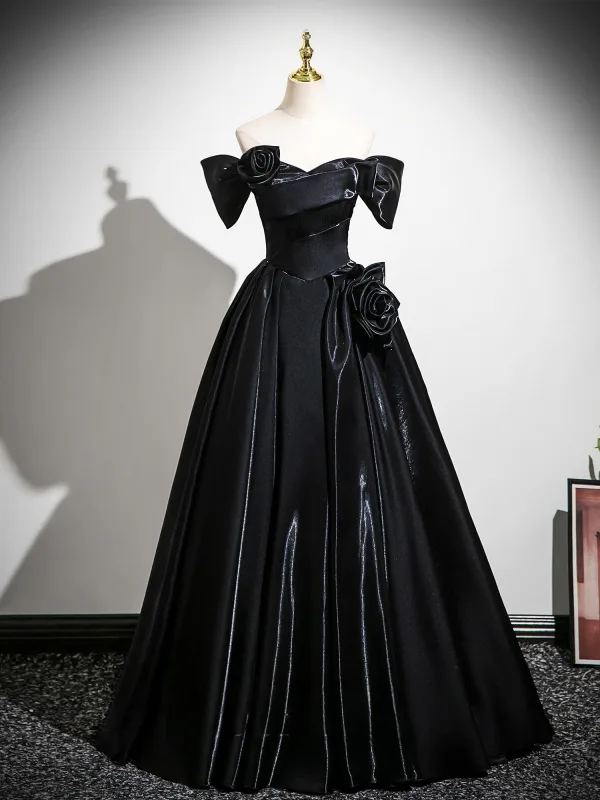 Vintage / Retro Black Flower Satin Prom Dresses 2025 Ball Gown Off-The-Shoulder Short Sleeve Backless Floor-Length / Long Formal Dresses