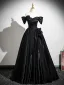 Vintage / Retro Black Flower Satin Prom Dresses 2025 Ball Gown Off-The-Shoulder Short Sleeve Backless Floor-Length / Long Formal Dresses