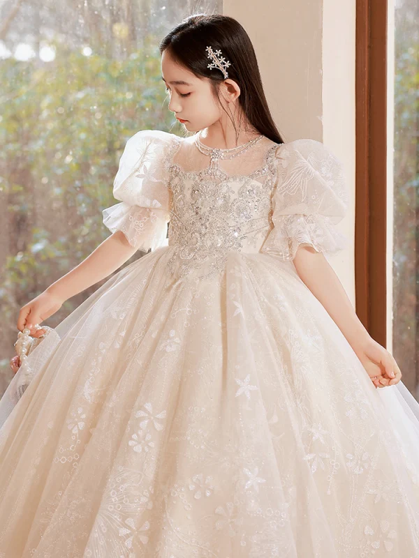 Charming Champagne Beading Sequins Birthday Flower Girl Dresses 2022 Ball Gown Scoop Neck Short Sleeve Backless Bow Floor-Length / Long Flower Girl Dresses