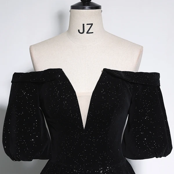 Audrey Hepburn Style Black Sequins Velvet Evening Dresses 2023 Off-The-Shoulder A-Line / Princess Short Sleeve Backless Floor-Length / Long Evening Party Formal Dresses