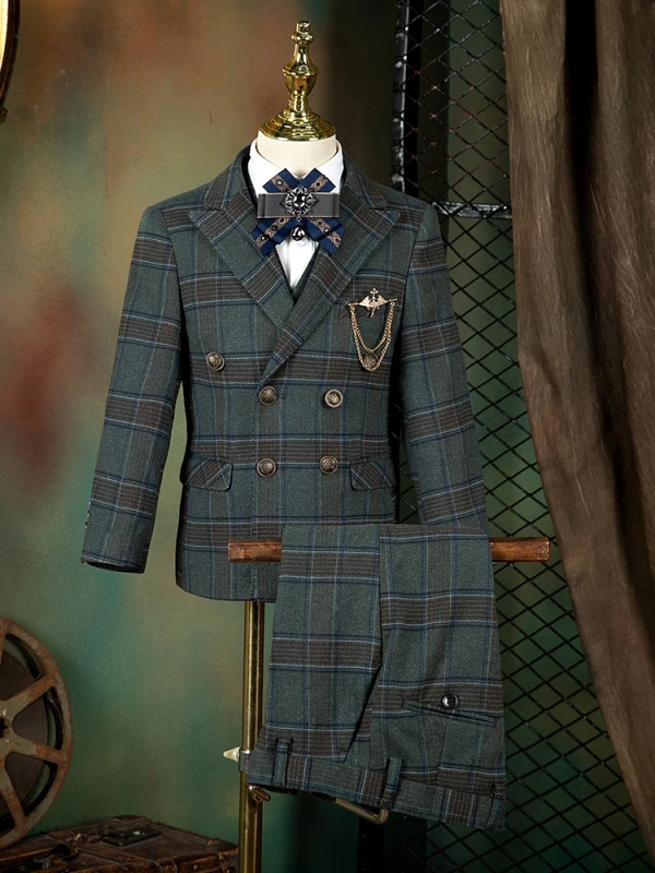 Ink Blue Plaid 6-piece Boys Wedding Suits 2022 Long Sleeve Body Jewellery Coat Pants Shirt Tie Vest