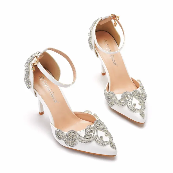 Chic / Belle Blanche Faux Diamant Bride Cheville Chaussure De Mariée 2023 9 cm Talons Aiguilles À Bout Pointu Mariage Talons Hauts