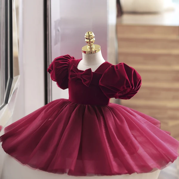Chic / Beautiful Burgundy Suede Birthday Short Flower Girl Dresses 2022 Ball Gown Square Neckline Puffy Short Sleeve Bow Flower Girl Dresses