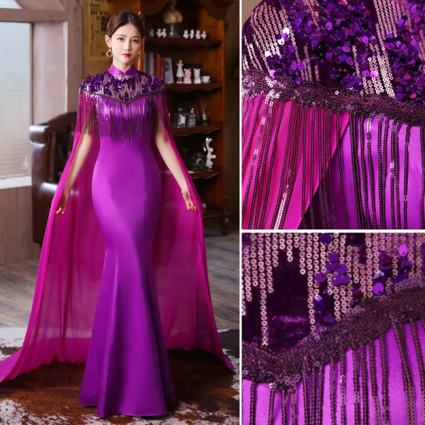 Chinese style Purple Sequins Tassel Cheongsam 2023 Trumpet / Mermaid Satin High Neck Short Sleeve Floor-Length / Long Evening Party Cheongsam / Qipao