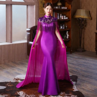 Chinese Style Purple Sequins Tassel Cheongsam 2023 Trumpet Mermaid Satin High Neck Short Sleeve Floor Length Long Evening Party Cheongsam Qipao