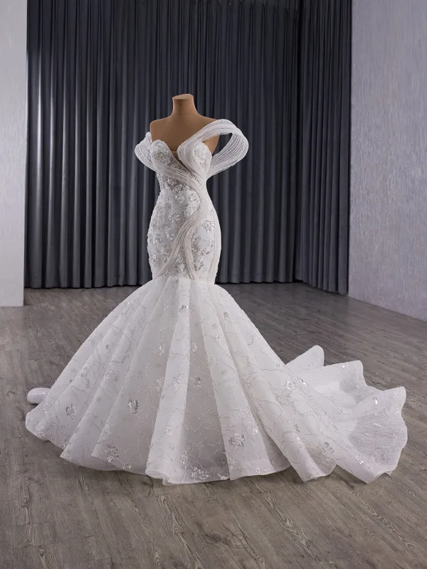 Luxury / Gorgeous White Handmade  Beading Pearl Sequins Rhinestone Wedding Dresses 2025 Trumpet / Mermaid Strapless Sleeveless Backless Court Train