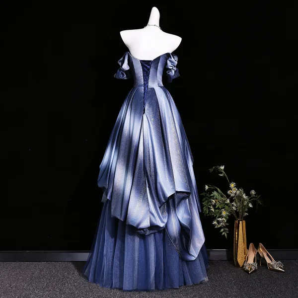 Dazzling Navy Blue Ball Gown Prom Dresses 2026 Off-The-Shoulder Short Sleeve Backless Floor-Length / Long Formal Dresses