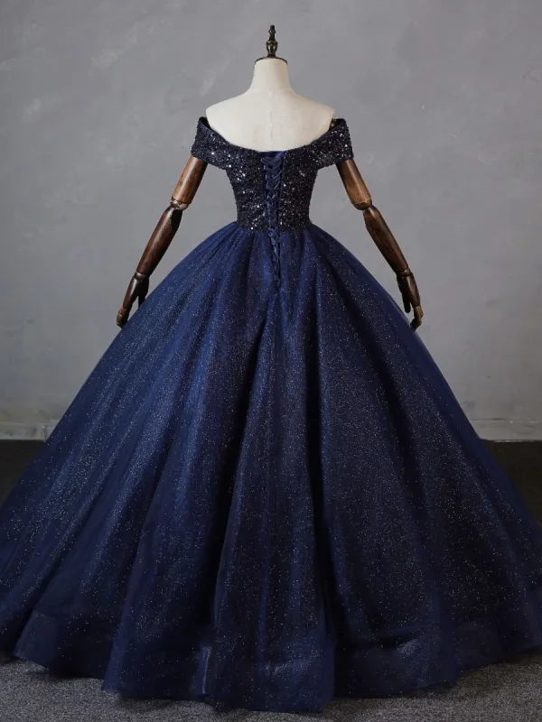 Vintage / Retro Navy Blue Beading Sequins Prom Dresses 2023 Ball Gown Off-The-Shoulder Short Sleeve Backless Floor-Length / Long Formal Dresses