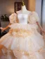 Mode Champagne Volants en Cascade Fleur Robe De Bal 2024 Robe Boule De l'épaule Manches Courtes Dos Nu Longue Promo Robe De Ceremonie