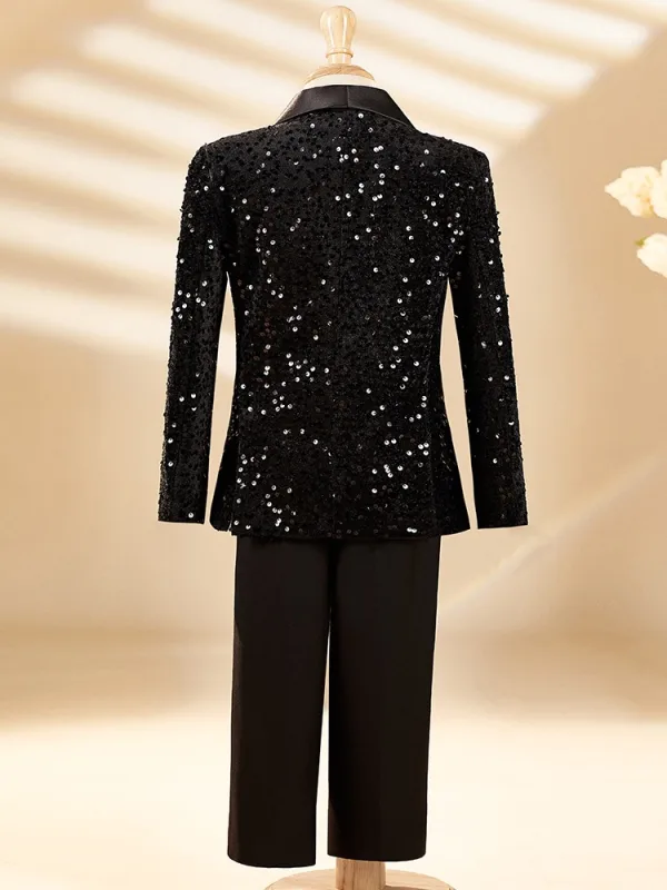 Black Sequins Long Sleeve Fall Winter 6-piece Boys Wedding Suits Body Jewellery 2025 Coat Pants Shirt Tie Vest