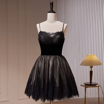 Sexy Black Lace Short Evening Dresses Party Dresses 2023 Spaghetti Straps Sleeveless Backless Evening Party Formal Dresses
