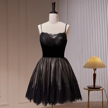 Sexy Black Lace Short Evening Dresses Party Dresses 2023 Spaghetti Straps Sleeveless Backless Evening Party Formal Dresses