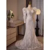 Vintage / Retro Ivory Lace Flower Wedding Dresses 2024 Trumpet / Mermaid V-Neck 3/4 Sleeve Backless Bow Sweep Train