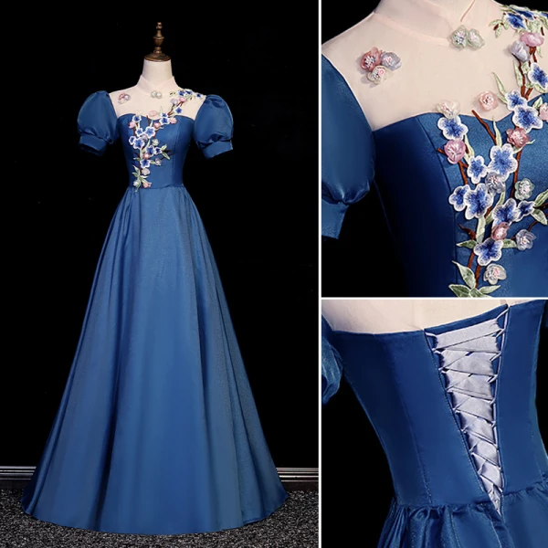 Vintage / Retro Navy Blue Satin Prom Dresses 2023 A-Line / Princess High Neck Lace Flower Appliques Short Sleeve Backless Floor-Length / Long Formal Dresses