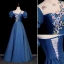 Vintage / Retro Navy Blue Satin Prom Dresses 2023 A-Line / Princess High Neck Lace Flower Appliques Short Sleeve Backless Floor-Length / Long Formal Dresses