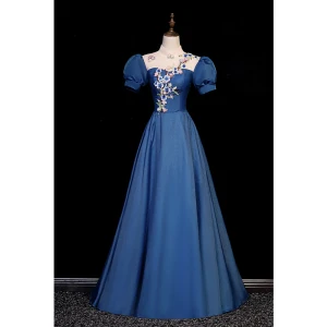 Vintage Originale Bleu Marine Satin Robe De Bal 2023 Princesse Col Haut En Dentelle Fleur Appliques Manches Courtes Dos Nu Longue Robe De Ceremonie