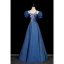 Vintage / Retro Navy Blue Satin Prom Dresses 2023 A-Line / Princess High Neck Lace Flower Appliques Short Sleeve Backless Floor-Length / Long Formal Dresses