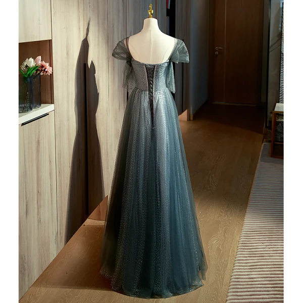 Chic / Beautiful Ink Blue Spotted Prom Dresses 2022 A-Line / Princess Off-The-Shoulder Short Sleeve Backless Sequins Bow Floor-Length / Long Formal Dresses