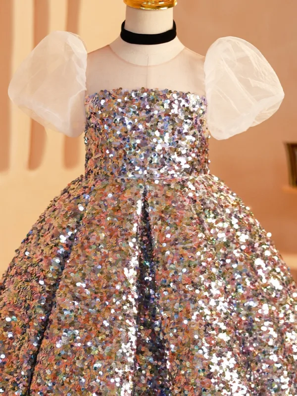 Sparkly Multi-Colors Sequins Silver Birthday Flower Girl Dresses 2024 Ball Gown Scoop Neck Puffy Short Sleeve Backless Floor-Length / Long