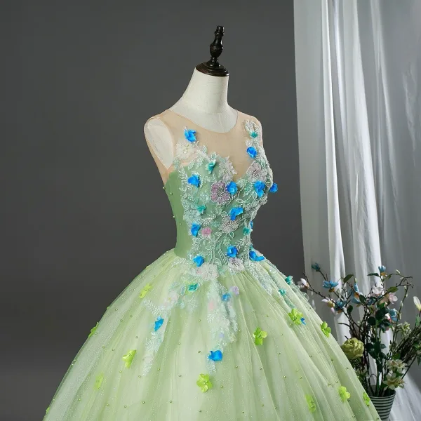 Fée Des Fleurs Vert Cendré Appliques Perlage Robe De Bal 2026 Robe Boule Encolure Dégagée Sans Manches Dos Nu Longue Robe De Ceremonie