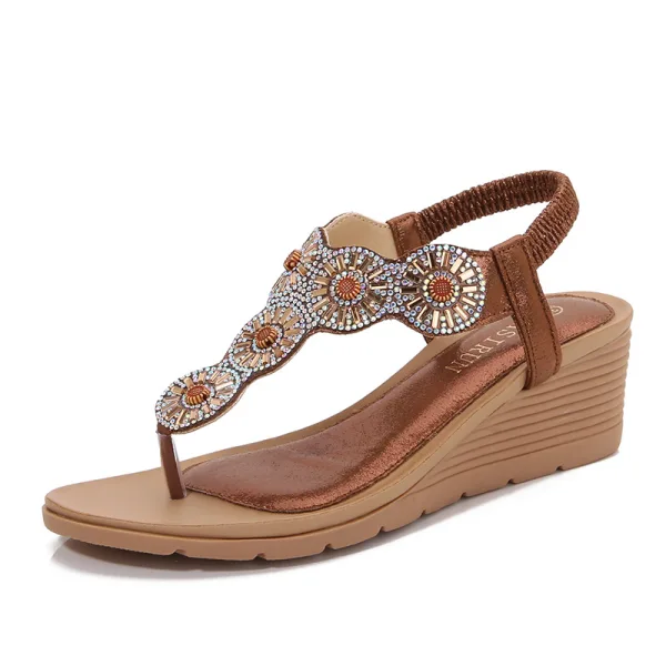 Bohemia Silver Casual Street Wear Beach Rhinestone Womens Sandals 2023 Summer T-Strap 6 cm Wedges Open / Peep Toe Sandals