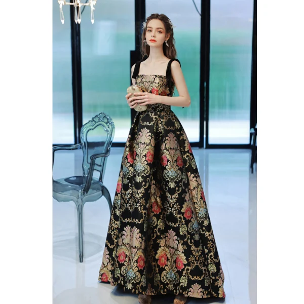 Vintage / Retro Black Gold Printing Satin Prom Dresses 2022 A-Line / Princess Spaghetti Straps Sleeveless Backless Floor-Length / Long Prom Formal Dresses