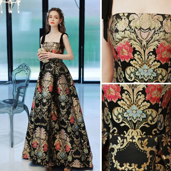 Vintage / Retro Black Gold Printing Satin Prom Dresses 2022 A-Line / Princess Spaghetti Straps Sleeveless Backless Floor-Length / Long Prom Formal Dresses