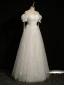 Chic / Beautiful White Lace Flower Prom Dresses 2024 A-Line / Princess Square Neckline Short Sleeve Backless Floor-Length / Long Prom Formal Dresses