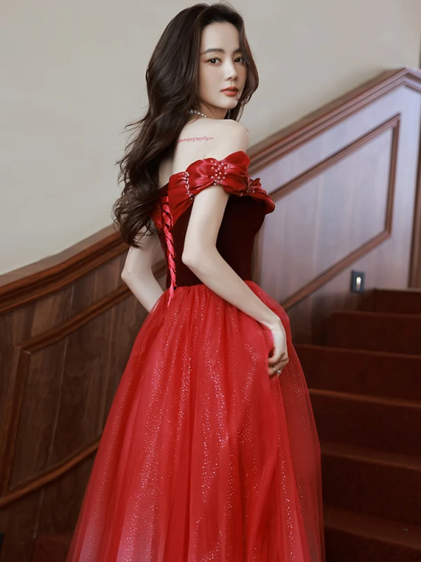 Classy Red Suede Sequins Evening Dresses 2022 A-Line / Princess Off-The-Shoulder Sleeveless Backless Floor-Length / Long Evening Party Formal Dresses