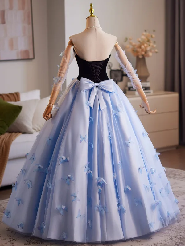 Charming Sky Blue Bow Butterfly Prom Dresses 2025 Ball Gown Strapless Short Sleeve Backless Floor-Length / Long Formal Dresses