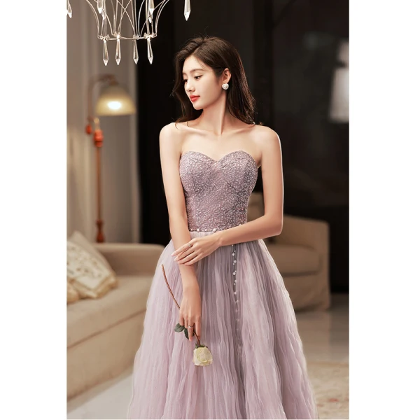 Chic / Beautiful Lilac Sequins Prom Dresses 2022 A-Line / Princess Strapless Puffy Short Sleeve Backless Floor-Length / Long Prom Formal Dresses