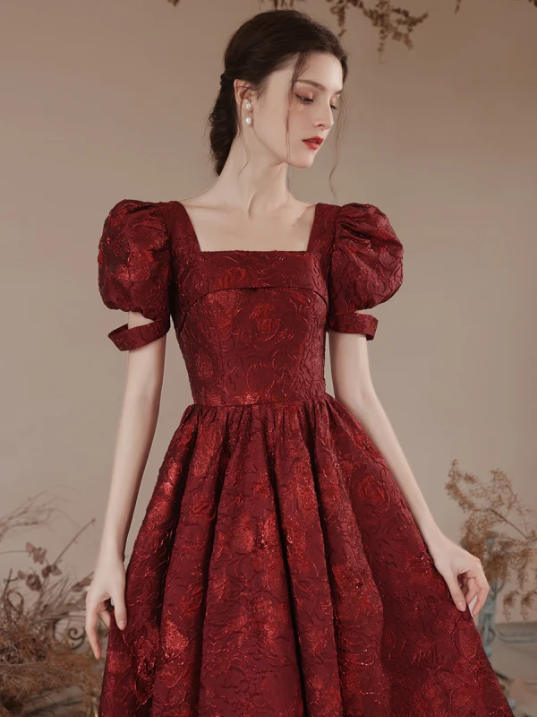 Chic / Beautiful Burgundy Prom Dresses 2023 A-Line / Princess Square Neckline Puffy Short Sleeve Backless Floor-Length / Long Prom Formal Dresses