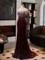 Amazing / Unique Burgundy Pearl Evening Dresses 2025 Trumpet / Mermaid Strapless Sleeveless Backless Sweep Train Evening Party Formal Dresses