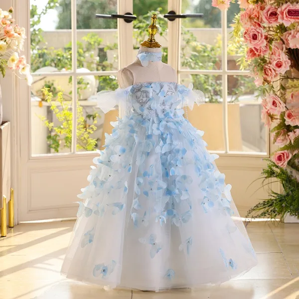 Flower Fairy Sky Blue Beading Pearl Butterfly Birthday Flower Girl Dresses 2025 Ball Gown Scoop Neck Sleeveless Backless Floor-Length / Long
