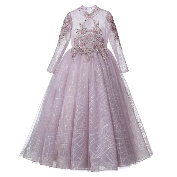 Chic / Beautiful Lavender Beading Lace Flower Sequins Birthday Flower Girl Dresses 2023 A-Line / Princess High Neck Long Sleeve Floor-Length / Long Flower Girl Dresses