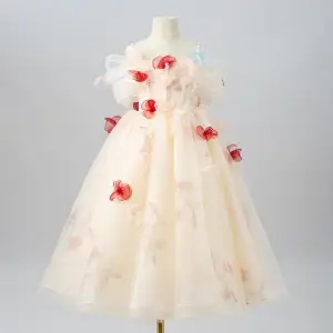 Charmant Champagne Appliques Anniversaire Robe Ceremonie Fille 2025 Princesse De L Épaule Manches Courtes Dos Nu Longue Robe Ceremonie Fille