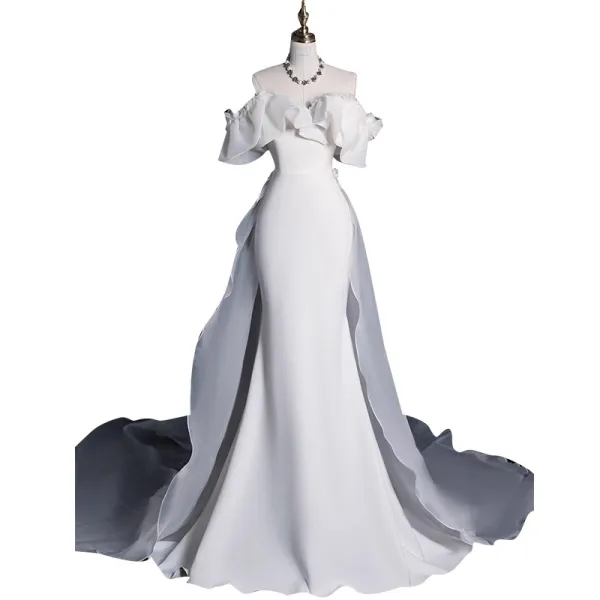 Vintage / Retro White Ruffle Satin Wedding Dresses 2024 Trumpet / Mermaid Off-The-Shoulder Short Sleeve Backless Court Train Wedding