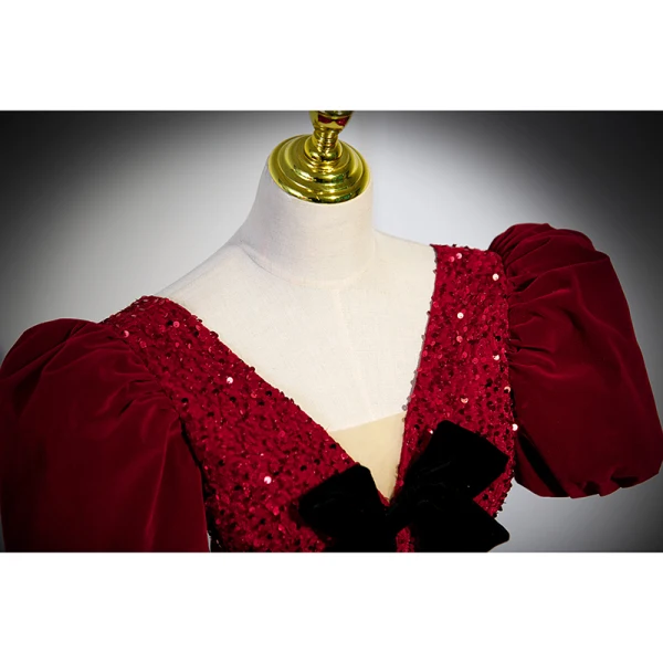 Bling Bling Burgundy Sequins Evening Dresses 2023 A-Line / Princess V-Neck Bow Short Sleeve Backless Floor-Length / Long Evening Party Formal Dresses