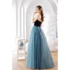 Charming Pool Blue Prom Dresses 2022 A-Line / Princess Strapless Sleeveless Backless Floor-Length / Long Prom Formal Dresses