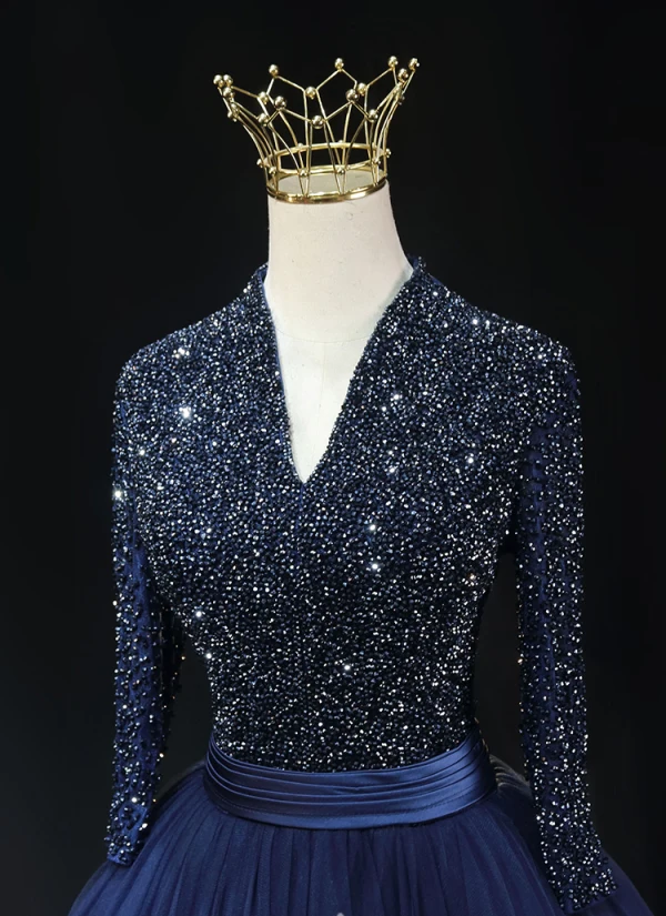 Vintage / Retro High-end Navy Blue Beading Prom Dresses 2024 Ball Gown V-Neck 3/4 Sleeve Backless Floor-Length / Long Prom Formal Dresses