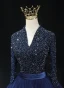 Vintage / Retro High-end Navy Blue Beading Prom Dresses 2024 Ball Gown V-Neck 3/4 Sleeve Backless Floor-Length / Long Prom Formal Dresses